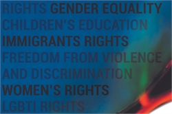 [ai] Text displaying important social issues including rights, gender equality, children's education, immigrants' rights, freedom from violence and discrimination, women's rights, and LGBTI rights against a colorful abstract background.